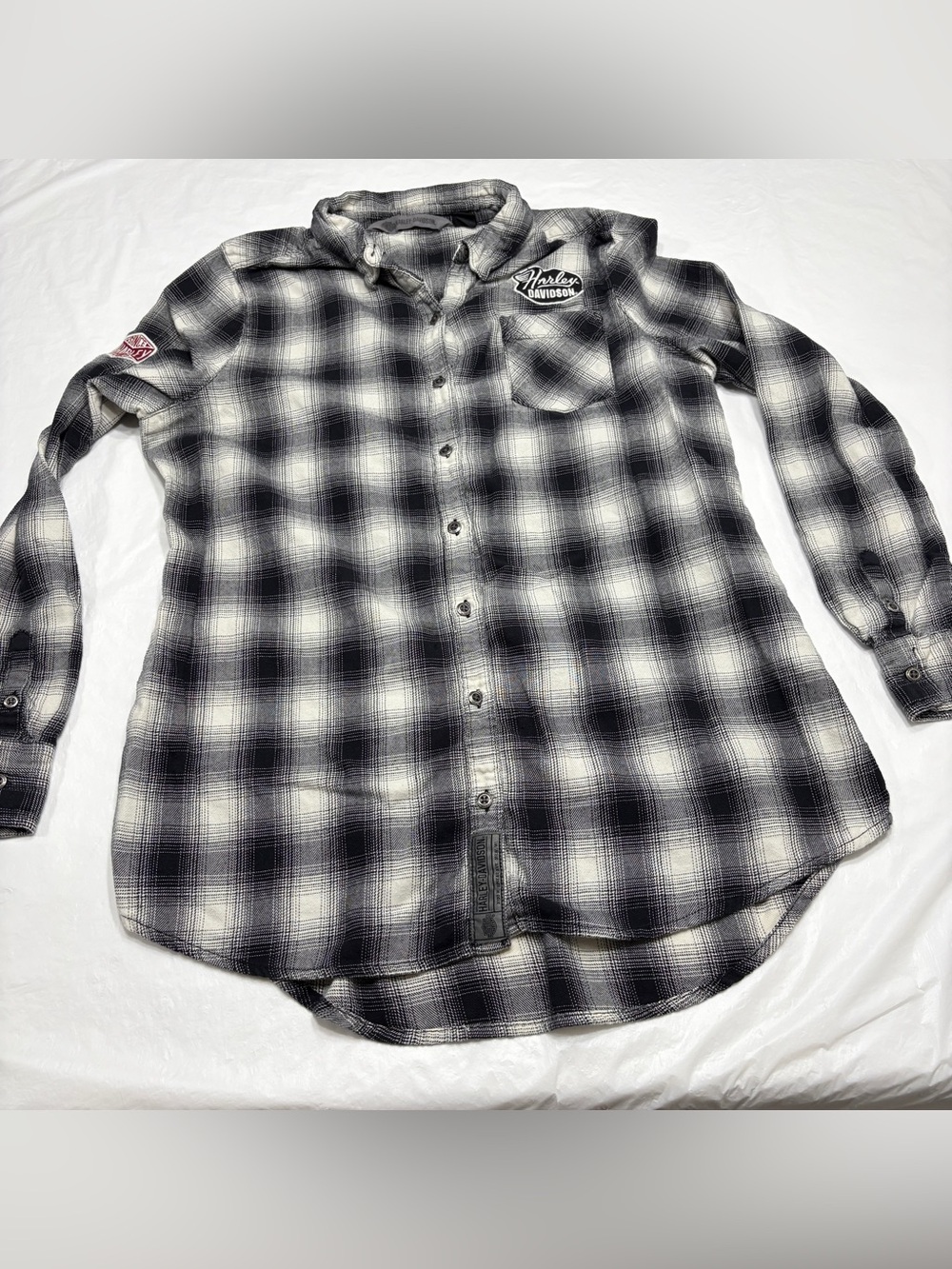 Harley Davidson Gray Plaid Long Sleeve Flannel Embroidered Shirt Women’s Large
